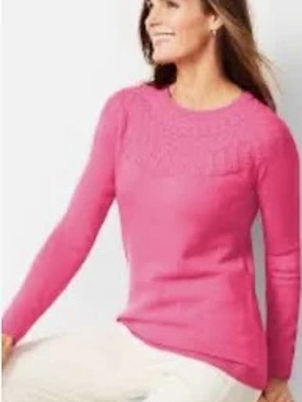 Talbots Womens Cable Yoke Sweater Pink Cotton Blend Crew Neck Office Medium